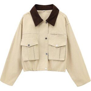 Women's Khaki Cropped Contrast Collar Utility Coat Cargo Jacket Imported